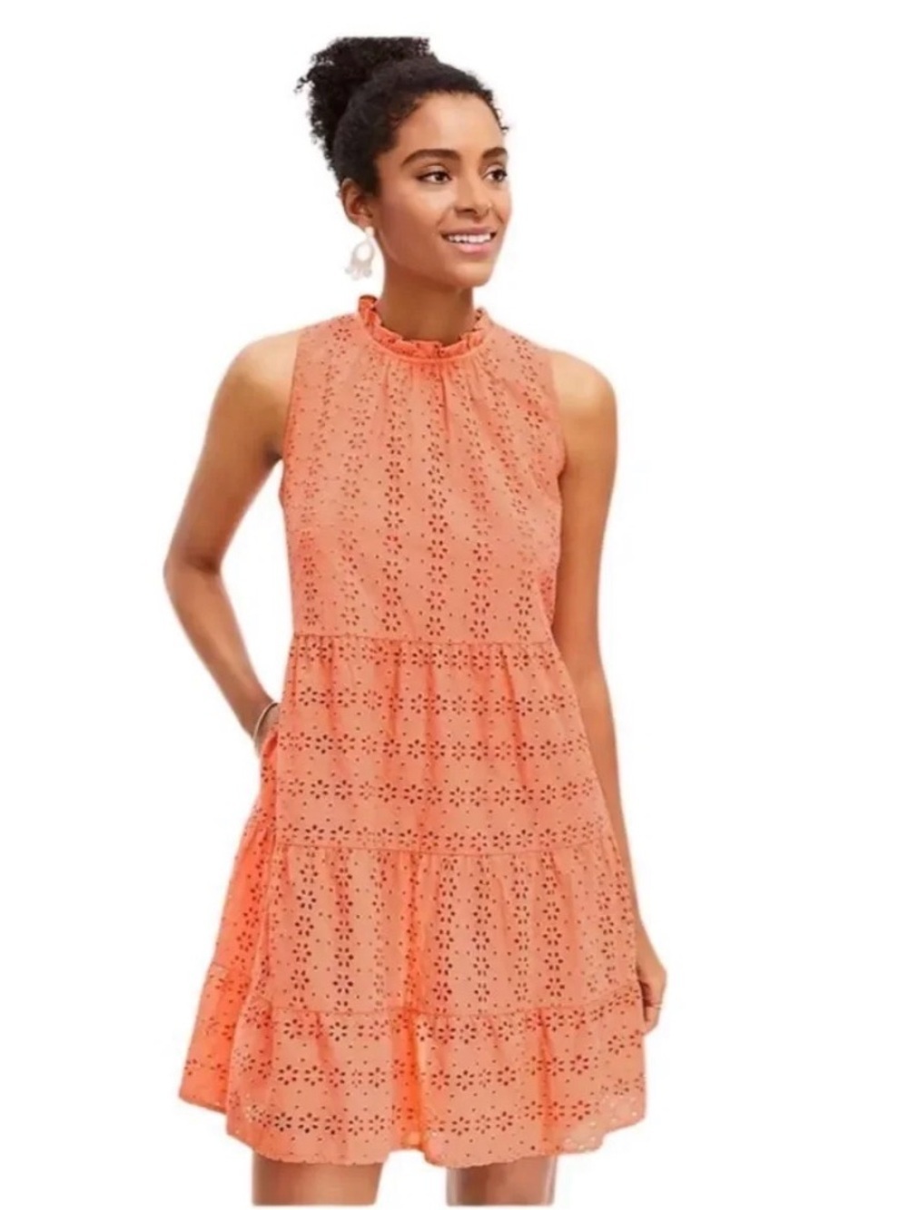 LOFT | Coral Eyelet Ruffle-Neck Mini Dress | Sz M